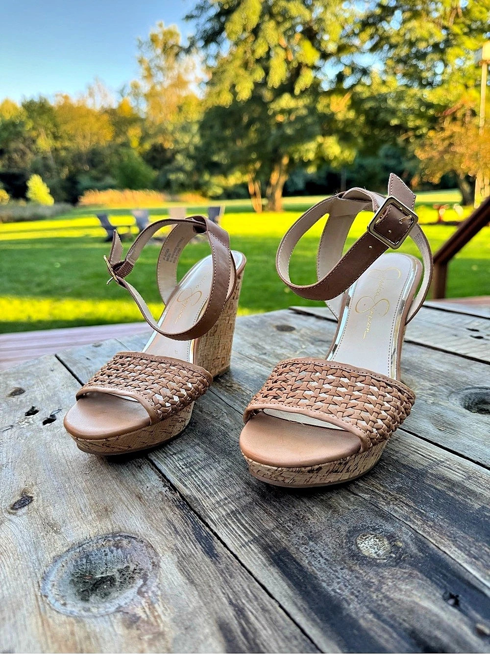 Jessica Simpson Woven Wedge Sandals in Brown Like New
